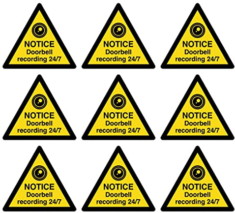 Notice doorbell recording 24/7 stickers - Pack of 9 security door signs - 90mm x 80mm triangles - self adhesive vinyl labels
