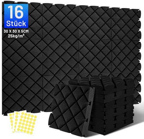 16 Stück Akustikschaumstoff Schalldämmung, 5 X 30 X 30 CM Akustikpaneelemit Aufkleber, Schallschutzplatten Schaumstoffplatte, Hochdichte Akustikschaumstoff Wand, Schalldämmung für Tonstudio, Heimkino