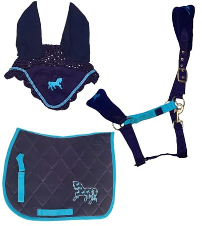 Brama West Pony Reitset Pony Fun 3-teilig – Schabracke, Halfter & Fliegenhaube | Weiches Fleece, Karabinerverschluss & Silberne Beschläge | Navy/Türkis