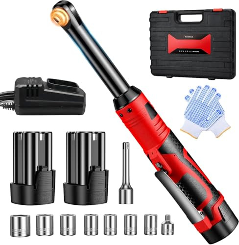 QIAKEFE Clé à cliquet sans fil étendue 3/8 Clé à Cliquet électrique 16.8V 40 pi-lb 0-450 tr/min avec 2 Batteries 2000 mAh, 7 Prises, pour Meubles et Voitures, Déclencheur à Vitesse Variable (Rouge)