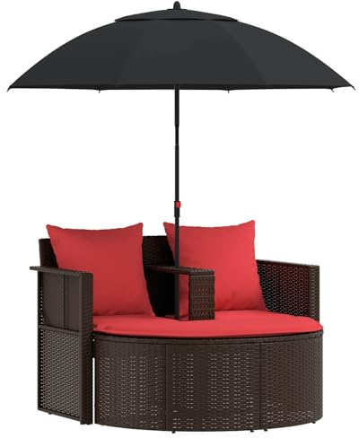 Generico Polyrattan Gartengarnitur modern braun rot mit Hocker und verstellbarem Sonnenschirm 168 x 168 x 180 cm Gartenmöbel Lounge Set mit abnehmbaren Kissen