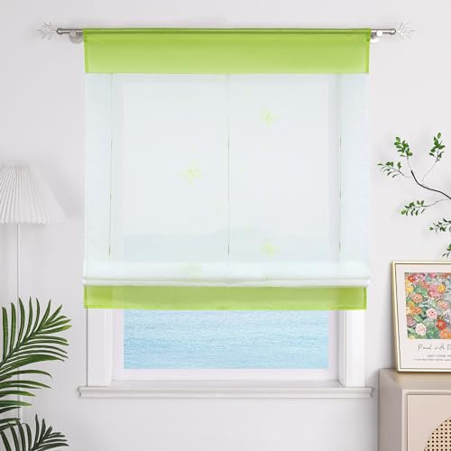 ESLIR Raffrollo Küche Raffgardine mit Tunnelzug Gardinen Transparent Bändchenrollo mit Schmetterling Bestickt Voile Grün BxH 80x100cm 1 Stück