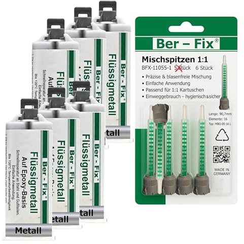 Ber-Fix Flüssigmetall Epoxidkleber 6x50g + 6 Mischdüsen metallgefüllt 50g | Flüssigmetall Epoxidkleber 6x50g + 6 Mischdüsen metallgefüllt 50g: Flüssigmetall für metallähnliches Füllen