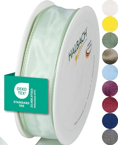 Halbach Geschenkband mit Drahtkante, 25 mm x 25 m, light mint | Taftband mit formbarer Drahtkante aus 100% Acetat, Made in Germany, Öko-Tex 100 zertifiziert, wetter-/wasserfest