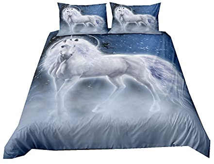 Fantasy Unicorn Pegasus White and Black Bettwäsche-Set für Kinder Mikrofaser Lila Blau Galaxy Sternenhimmel Pferd Landschaft Jungen Mädchen Bettbezüge und Kissenbezüge (Farbe 2,135 x 200 cm)