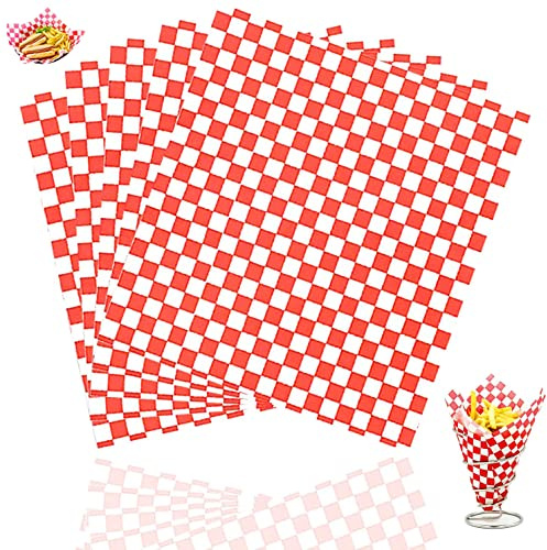 100 Stück fettdichte Papierbögen, Lebensmittelqualität, 30 x 30 cm, karierte Lebensmittelkorbeinlagen, Sandwichpapier, öldichtes Backpapier, Kreise für Delikatessen, Sandwich, Käse