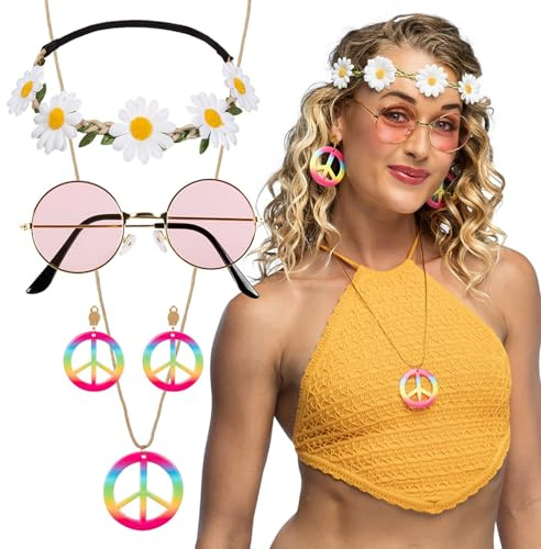 Boland 44551 - Kostüm-Set Hippie Deluxe, Stirnband, Party-Brille, Ohrringe und Halskette, Flower-Power, 70er, Karneval, Mottoparty