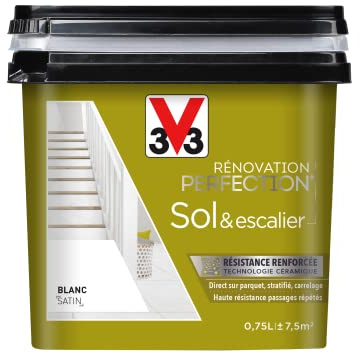 V33 Peinture de rénovation Sol & escalier, Rénovation perfection Blanc satin 750ml | Résistance renforcée, Techonologie céramique, Haute résistance passages répétés