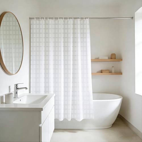 YISURE Kürzere Höhe 170cm Duschvorhang Weiß Geometrisches Muster | Kurzer Polyester badevorhang badewannenvorhang Wasserabweisende mit Metall-Ösen für Badezimmer, Breite 180 x Höhe 170cm