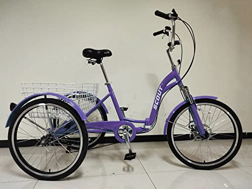 SCOUT Dreirad für Erwachsene, zusammenklappbares Dreirad, 61 cm Räder, 6-Gang-Shimano-Schaltung, Scheibenbremsen vorne und hinten (lila)
