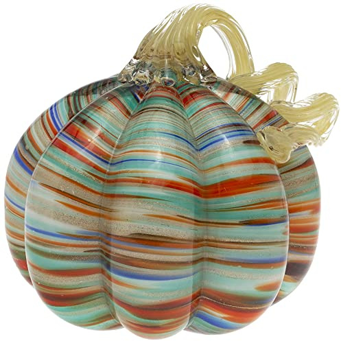 Boston International Glass Pumpkin Fall Autumn Harvest Thanksgiving Tabletop Decorations Hand Blown Glass, Large, Sunset Stripe