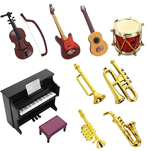 cobee Puppenhaus Miniatur Musikinstrumenten Set, 11 STÜCKE Puppenhaus Mini Musikinstrument Modell 1:12 Klavier Violine E-Gitarre Trompete Saxophon Modell Zubehör für Puppenhaus Mini Musikzimmer