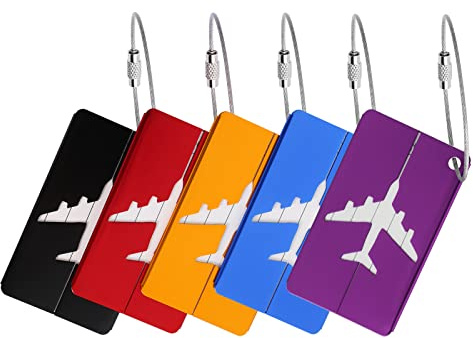 Lote de 5 etiquetas de equipaje de aluminio, etiqueta de maleta de avión con tarjeta de PVC impermeable con cordón de acero inoxidable para bolsas de espalda, viajes (5 colores)