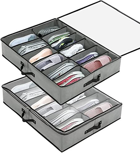 Under Bed Storage Organizer 2 PCS, Fits 24 Pairs of Sturdy Bed Bottom Shoe Box Bedding Organizer with Clear Cover Storage Bag, Sturdy Zipper, Breathable Fabric - Foldable with 2 Handles, (Grey)