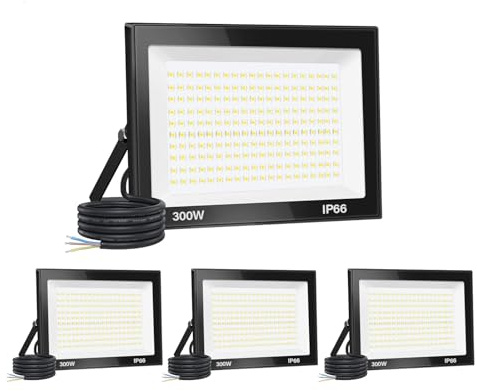 Jefedana 300W LED Außenstrahler, 30000LM 3000K IP66, 4 Stück | 30000LM superhell, 3000K Warmweiß, IP66 wasserdicht, Alu-Gehäuse, 50000h, 80% sparend, für Garten/Garage/Hotel/Sportplatz