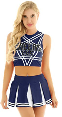 YOOJIA Damen Cheerleading Kostüm Sport Outfits Schulmädchen Uniform Karneval Cosplay Anzug Bauchfrei Crop Top Mini Faltenrock Festival Tanzkleidung A Navy Blau L