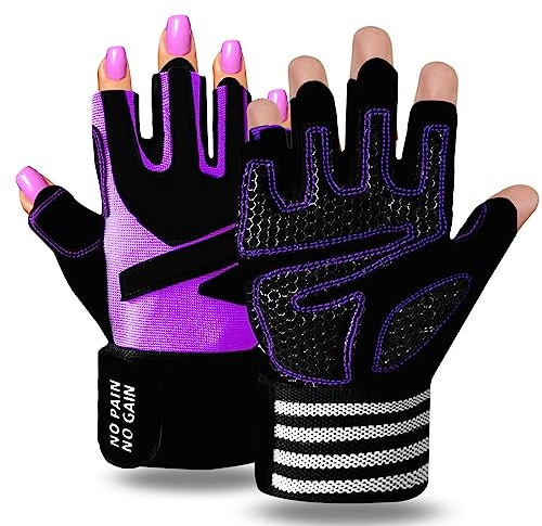 Weight Lifting Gloves for Women Gym Workout with Wrist Support,Padded Half Finger Gloves for Fitness Exercise (Violet, Medium)