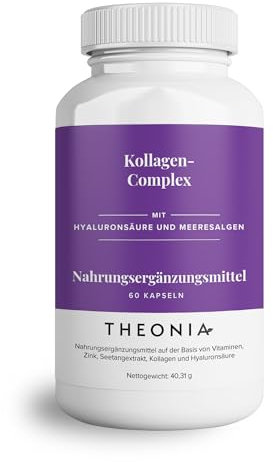 Theonia Kollagen Complex Hyaluronsäure & Seetang, Vitamin E, C, Biotin – Gesunde Nägel, Haut, Haare, Gelenke, Stoffwechsel - Typ 1 Meereskollagen – frei von Gentechnik, 60 Kapseln