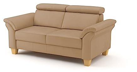 CAVADORE Echtleder 2er-Sofa Ammerland / Landhaus-Sofa mit Federkern + Kopfteilverstellung / 156 x 84 x 93 / Leder Beige