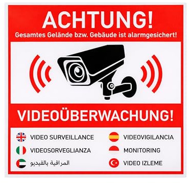 Aufkleber Set ACHTUNG! VIDEOÜBERWACHUNG!, 6 Stück, 10 x 10 cm, selbstklebende Folie, Warnhinweis Sticker Innen- und Außenbereich, Video Überwachung Klebesticker, Kamera Hinweisschild in 7 Sprachen