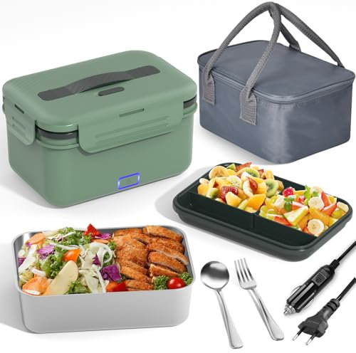Vabaso 100W Elektrische Lunchbox Erwachsene, Thermo mit Besteck und Isolierter Lunchbeutel, 12 24 110V~230V, Auslaufsicherer, 1.8 L Großbehälter, Brotdose mit Fächern für Auto, LKW, Zuhause