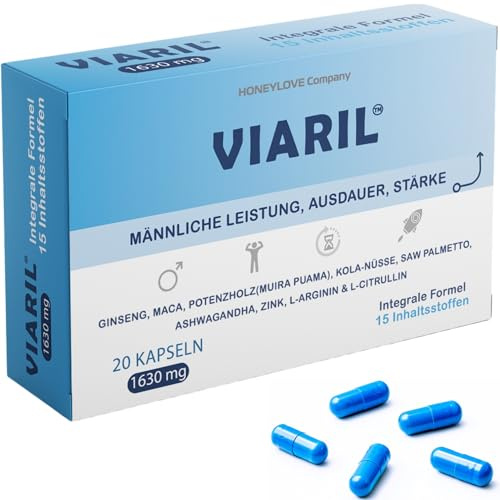 VIARIL - 20 Extra Starke Blaue Kapseln | Für Aktive Männer mit Sofortwirkung und Langzeit-Effekt | Hochdosiert mit 13 Aktiven Inhaltsstoffen (1630 mg), inklusive Muira Puama, Ginseng, Maca, L-Arginin