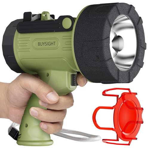 BUYSIGHT Rechargeable Spotlight Flashlight, 1500 lumens Hand held Spot Lights Waterproof led Flashlight Hunting Lamp with red Filter (Matcha Green)