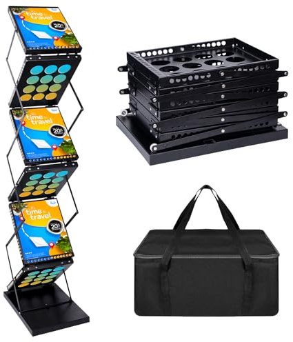 VAIIGO Prospektständer A4 aus Eisen – Faltbarer Flyer- & Zeitschriftenständer, Broschüren-Displayständer mit 6 Fächern & Tragetasche, Bodenaufsteller für Messe, Büro & Ausstellung (Schwarz)