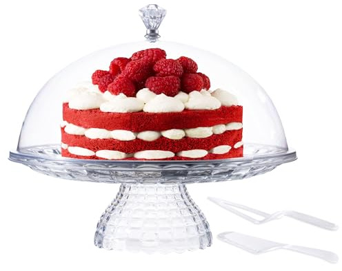eGenuss Porte gateau sur pied avec cloche plat a tarte pâtisserie + couteau et pelle à tarte inclus | S | Ø21cm rond | 2 ensemble