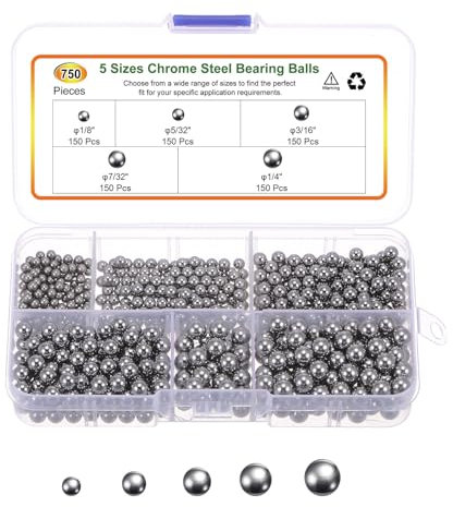 sourcing map 750pcs G10 Precision Balls Assortment Kit 1/8 5/32 3/16 7/32 1/4 Chrome Steel Solid Bearing Balls