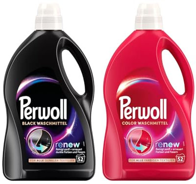 PERWOLL Flüssig-Set 2x 52 Waschladungen (104WL) 1x Black & 1x Color, Feinwaschmittel-Set reinigt sanft und erneuert Farben und Fasern, Waschmittel mit Dreifach-Renew-Technologie