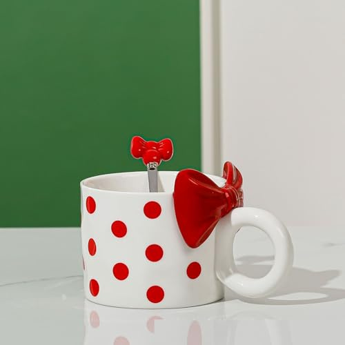 VollfitYYu Bonita taza de café con lunares linda taza de cerámica con lazo, 400 ml, taza de té, taza de café, taza de cacao, taza de desayuno, taza de cereales, taza de leche con asa (rojo)