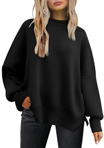 Tincini Women's Jumpers Winter Casual Crew Neck Knitted Sweaters Long Sleeve Loose Pullover with Side Slit Jumper Tops Sweatshirt (Black, M)