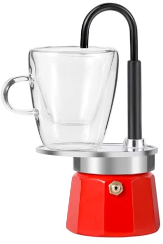 MVPLUE-Mini Express Swiss Single Tube Moka Pot Aluminum Red，Moka Set includes One Double Wall 3oz Cup,Enjoy delicious coffee in no time