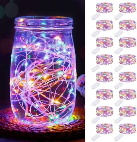btfarm 16 Stück 20LED Mini Lichterkette mit Batterie Klein, 2M Silberdraht Kleine Lichterketten Batteriebetrieben, Micro Lichterkette Draht für Innen Weihnachten Hochzeit Party Deko, Bunt