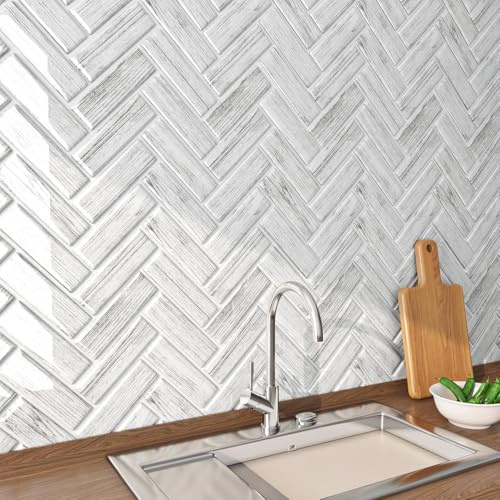 FunStick Azulejos Adhesivos Pared Decorativo 3D Gris y Blanco 30×30CM 5 Baldosas Madera Cocina
