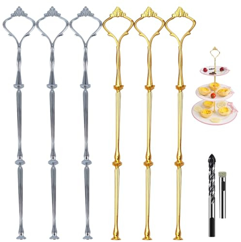 Csirnto 6 Stück Etageren Stangen Set, Gold Etagere 3 Etagen, Etagere Cupcake Ständer mit Bohrer, Tortenständer 3 Etagen für Buffet, Cookie, Party, Hochzeit, Home Decoration