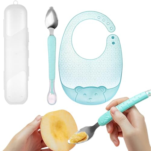 Baby Löffel + Lätzchen, um Flecken auf der Kleidung zu vermeiden, Babylöffel Ab Silikonlöffel Baby Bpa Frei Obst Schälen Ergänzendes Essen Kind Baby Passt In Den Mund Des Babys Mikrowellen (Blau)