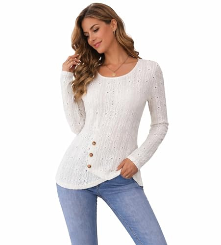 Maglieria da donna, maglione a maglia fine avorio da donna, scollo rotondo con bottone e dettaglio all'uncinetto, maglione sottile da donna, maglia a maniche lunghe, maglione da donna, avorio, XL