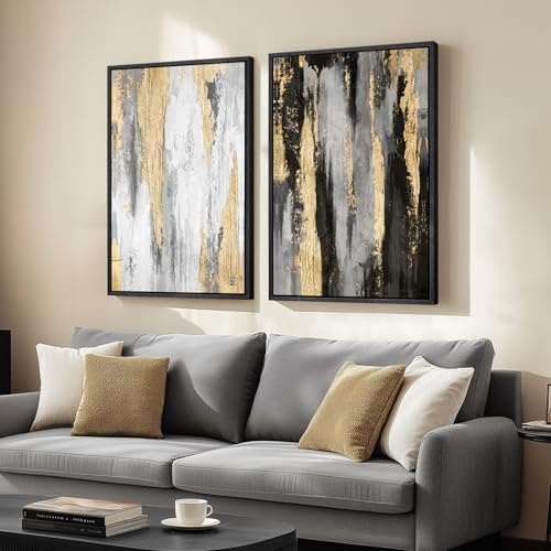 Large Framed Black and White Abstract Wall Art for Living Room, Set of 2 Piece Minimalist Canvas Prints Paintings Artwork for Walls, Modern Black Gold Pictures for Hallway Office Wall Decor Big Size