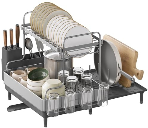 SONGMICS Dish Drainer Rack, Kitchen Expandable Dish Drying Rack, Stainless Steel, Extendable Spout, Utensil, Cup, Cutting Board Holders, (31.7-54.9) x 48.6 x 41 cm, Silver and Grey KCS038G01