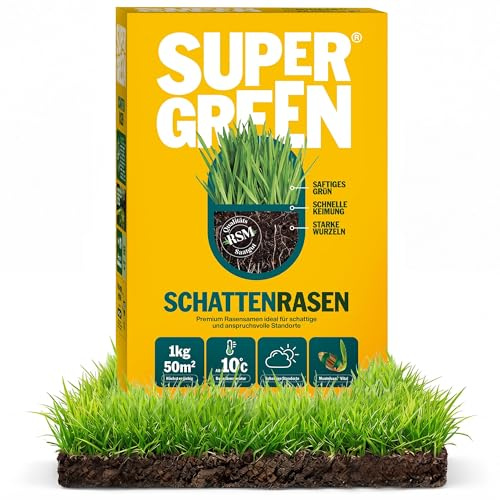 SUPERGREEN Schattenrasen Rasensamen | Premium Saatgut für Schatten & Halbschatten | Dichte, sattgrüne Grasnarbe auch bei wenig Licht | Mantelsaat® Vital & RSM Qualität | Robust & winterhart | 1kg