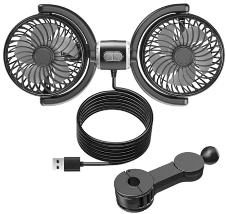 UOEONR Ventilateur USB pour siège arrière de voiture, 12 V, double tête, 360 °, 3 vitesses réglables, ventilateur de voiture, pour camion, van, SUV, RV, noir