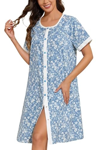YOZLY House Dress Easy Front Fastening Nightdress House Coats Dusters Robe | Two side pockets,beautiful printed ,Easy front fastening design and relaxed calf-length fit for sleep and lounging