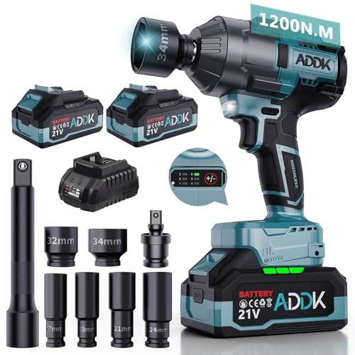 BursDany Akku-Schlagschrauber, 1200 Nm, elektrischer Akkuschrauber, Schlagbohrmaschine 1/2 Zoll mit 2 x 4,0 Ah Akku, 6 Geschwindigkeitsstufen 2600 U/min, LED, Set mit 6 Bits