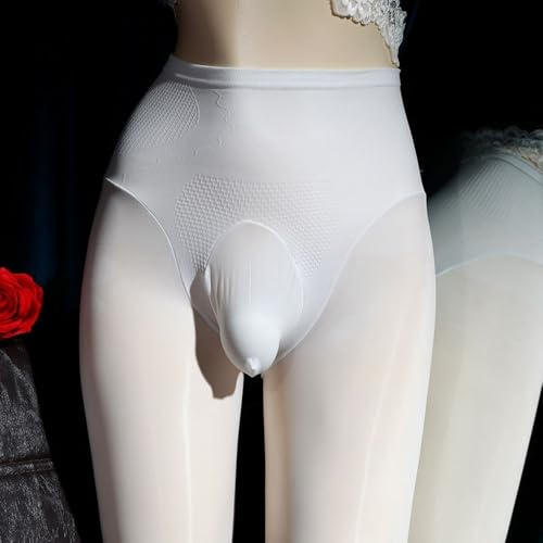 ReachMall Men's Comfortable Shiny Pantyhose, Elastic Tights with Trendy Bulge Pouch Design (White)