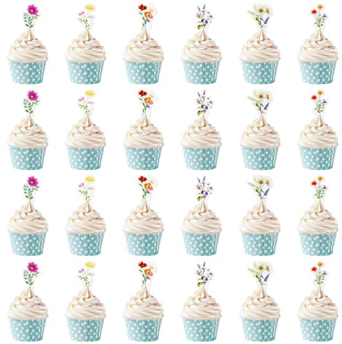48 PCS Wildflower Party Cupcake Toppers Wildflower Cupcake Toppers Birthday Party Decorations Floral Flower Baby in Bloom Shower Decorations for Girls Women Garden Floral Fairy Partys Decor
