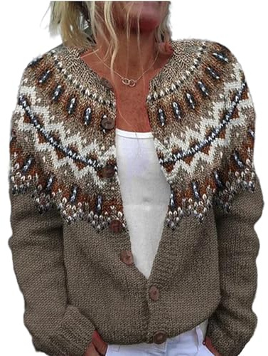 Vintage Fair Isle Cardigan Sweater Icelandic Nordic Boho Style with Colorful Knit Design Button-Down Coatigan for Women (Brown-A,XX-Large)