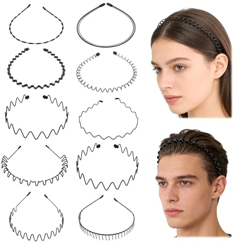 10 Stück Elastisches Haarreifen Männer, Haarband Frauen Herren, Zickzack Haarreif, Wellen Gezackte Haarreif, Metall Haarband, Schwarz haarreif Welle Metall, für Männer Frauen,für Sports, Yoga, Make-up