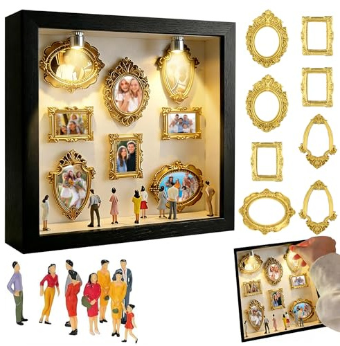 Dandin Mini scatola fai da te con sagome museali, mini cornici con luci, mini cornici e statuette dorate, kit mini museo, per anniversario, matrimonio, compleanno, decorazione per la casa